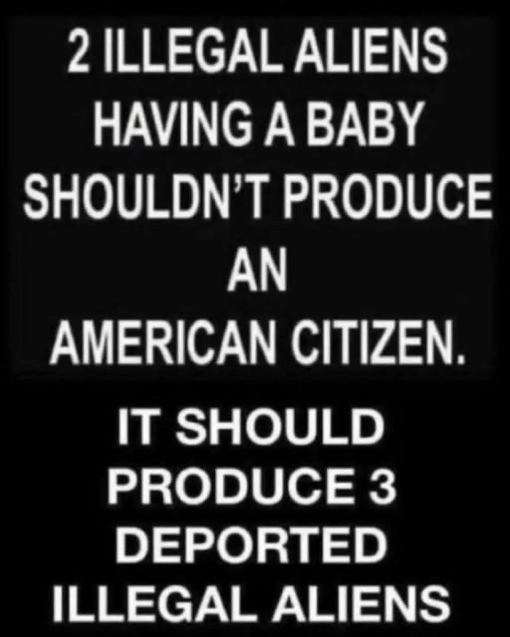 Black and white text image stating "2 illegal aliens having a baby shouldn't produce an American citizen. It should produce 3 deported illegal aliens."