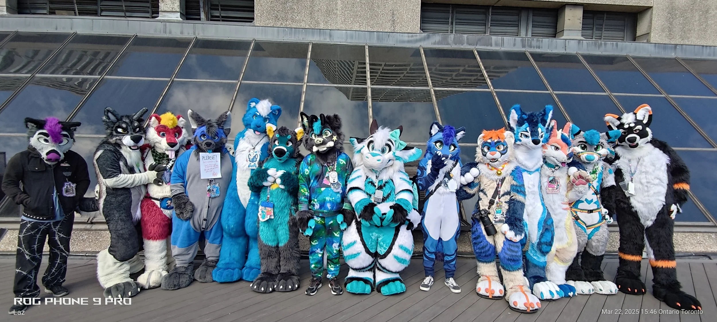 Group of people dressed in colorful furry animal costumes standing outside on a wooden surface in front of a glass building.