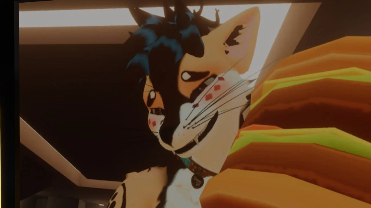 Cartoon character of a tiger with blue hair wearing a collar, hiding behind a large slice of pizza with cheese and pepperoni.