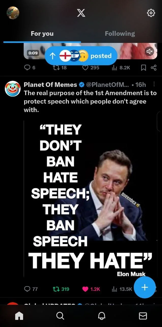 A tweet from Planet Of Memes with a quote attributed to Elon Musk: 'They don't ban hate speech; they ban speech they hate'. The tweet includes a picture of Elon Musk with his hands clasped and a serious expression.