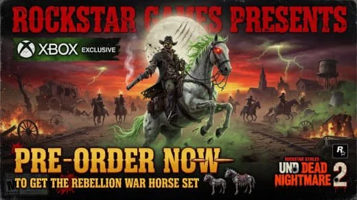 Promotional image for Rockstar Games' Xbox exclusive game 'Undead Nightmare 2,' featuring a cowboy riding a horse in a dark, stormy landscape with zombies and lightning in the background, advertising pre-orders for the Rebellion War Horse Set.
