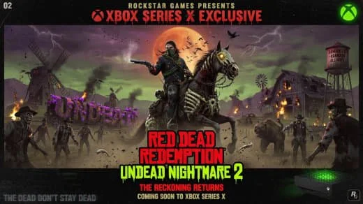 Promotional poster for 'Red Dead Redemption: Undead Nightmare 2', featuring a zombie cowboy riding a horse, with a dark, apocalyptic background including zombies, a water tower, and a spooky carnival in the distance.