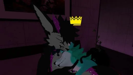 A digital illustration of two anthropomorphic characters, one wearing a crown, sharing an embrace in a dimly lit room with purple walls.