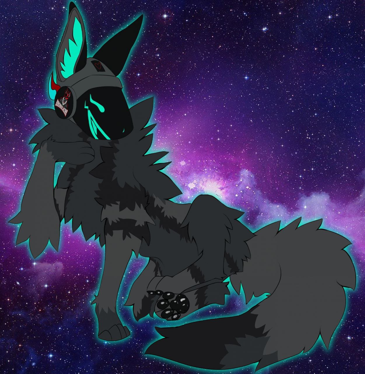 An anthropomorphic wolf character with neon blue markings on its face and ears, wearing headphones and a collar with a paw print charm, set against a starry galaxy background.