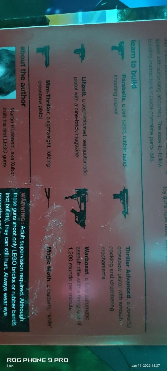 Sign with descriptions and illustrations of different types of toy guns, including a mini thrilller, a warthog, and a trigger, with safety warnings.
