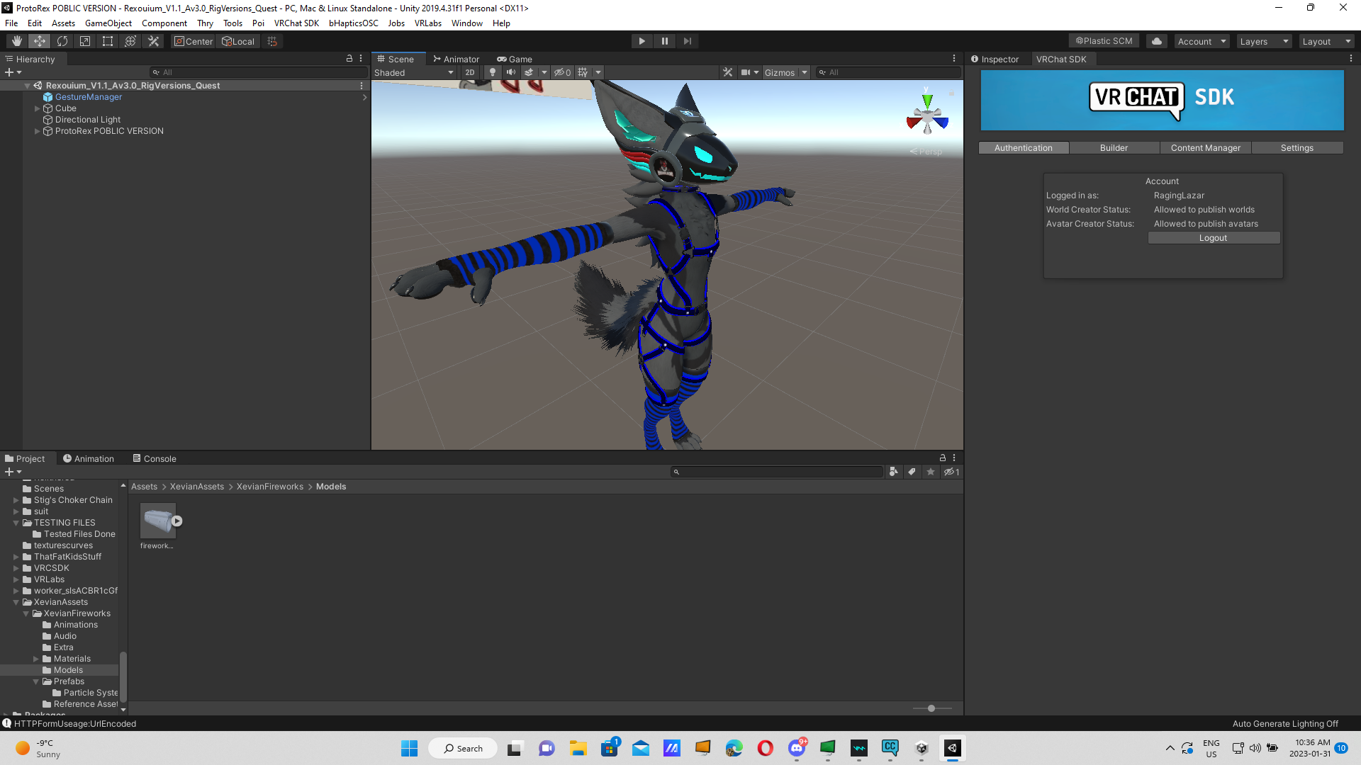 A 3D animated character with a fox-like appearance in a virtual environment. The character has a detailed head with glowing blue eyes, black fur with glowing cyan accents, and is wearing a form-fitting suit with glowing blue lines. The environment ap