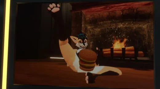 Animated anthropomorphic cat character holding a burger, sitting in front of a cozy fireplace.
