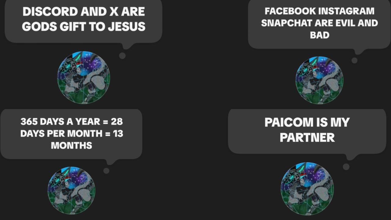 A graphic with four speech bubbles containing text, each pointing to a globe icon. The text discusses opinions on social media platforms and technology, mentioning Discord, X, Facebook, Instagram, Snapchat, and a partner named Paicom. The background 