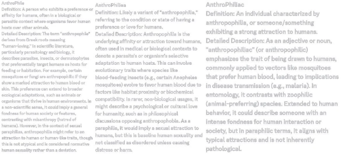 Scientific text explaining the concepts of 'anthrophile', 'anthropophilia', and related terms, describing their definitions and implications in biology, psychology, and sociology.