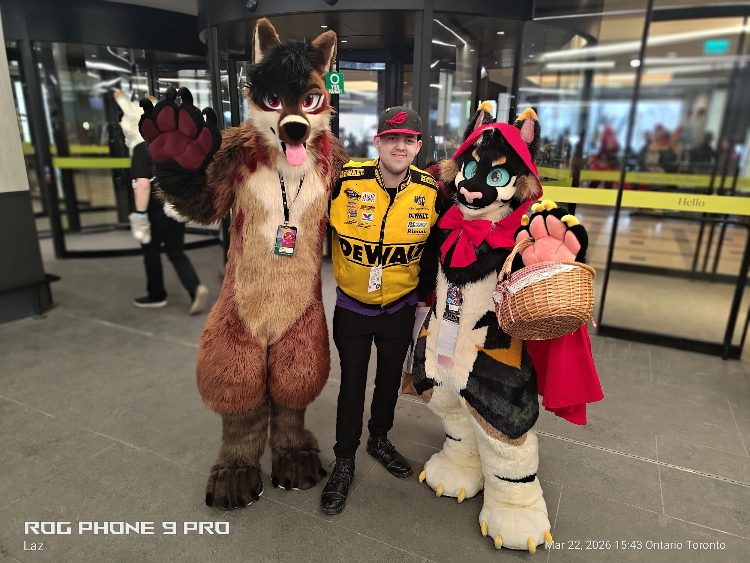 A person in a yellow DeWalt racing shirt standing between two individuals dressed in furry animal costumes representing a wolf and a lion, with the wolf waving hello.