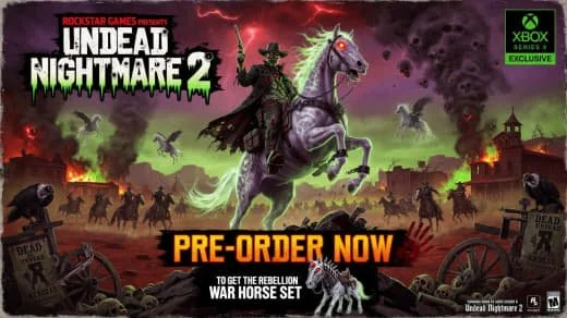 Cover art for 'Undead Nightmare 2' game, featuring a zombie cowboy riding a white horse with glowing eyes, dark fiery background with other zombies, graveyard, and a wagon wheel, promoting pre-order for the Xbox Series X version.