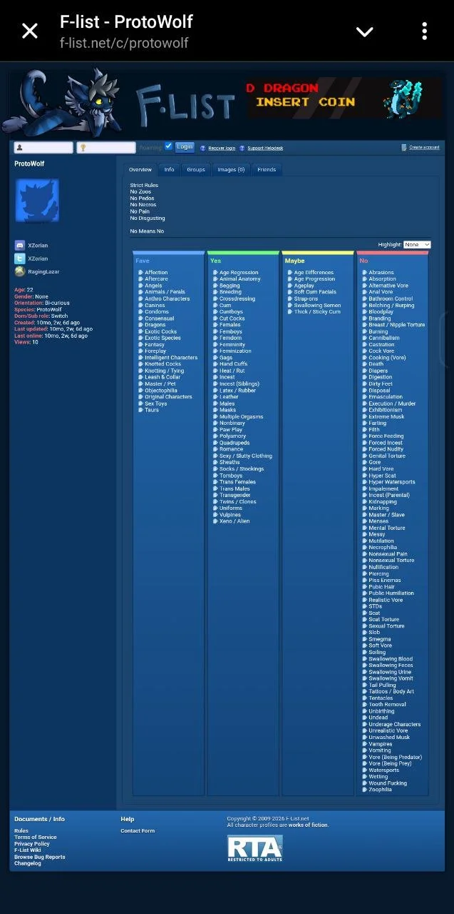 Screenshot of a website titled 'F-List - ProtoWolf' with a dark blue background, featuring a wolf cartoon character and glitch art text that says 'D. DRAGON INSERT COIN' at the top. The page displays user profile information, navigation tabs, and a l