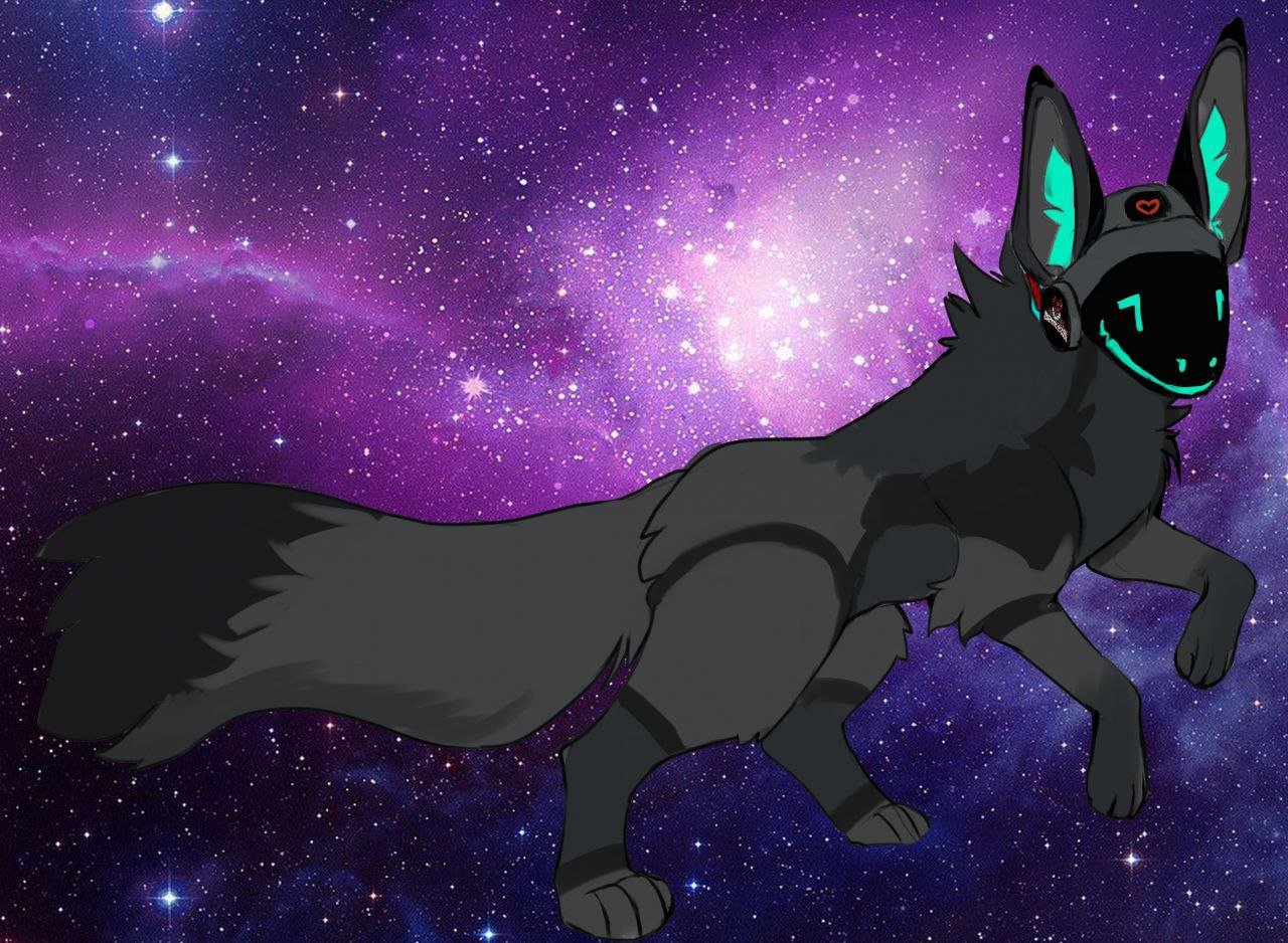 A digital illustration of a futuristic black fox with glowing teal accents, wearing a visor and headphones, set against a starry purple galaxy background.