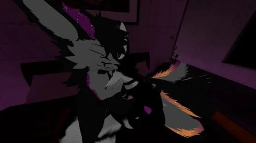 Animated image of an anthropomorphic black and white fox with purple accents.