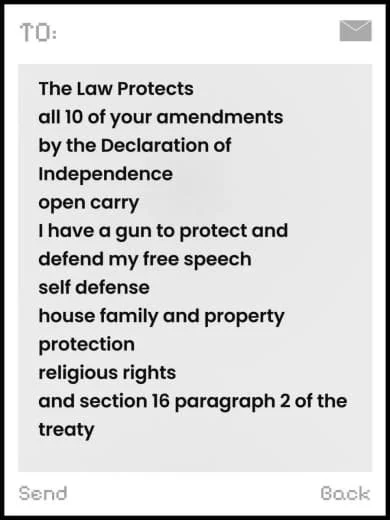 A screenshot of a message on a mobile device containing a written statement about the law protecting constitutional rights, including the right to bear arms, free speech, self-defense, property protection, religious rights, and referencing a treaty s
