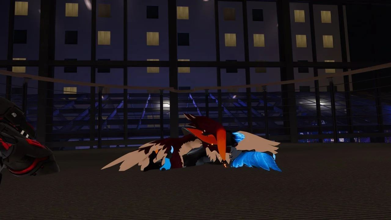 A large digital illustration of a bird with red, black, blue, and white feathers lying on the ground in an urban setting at night.