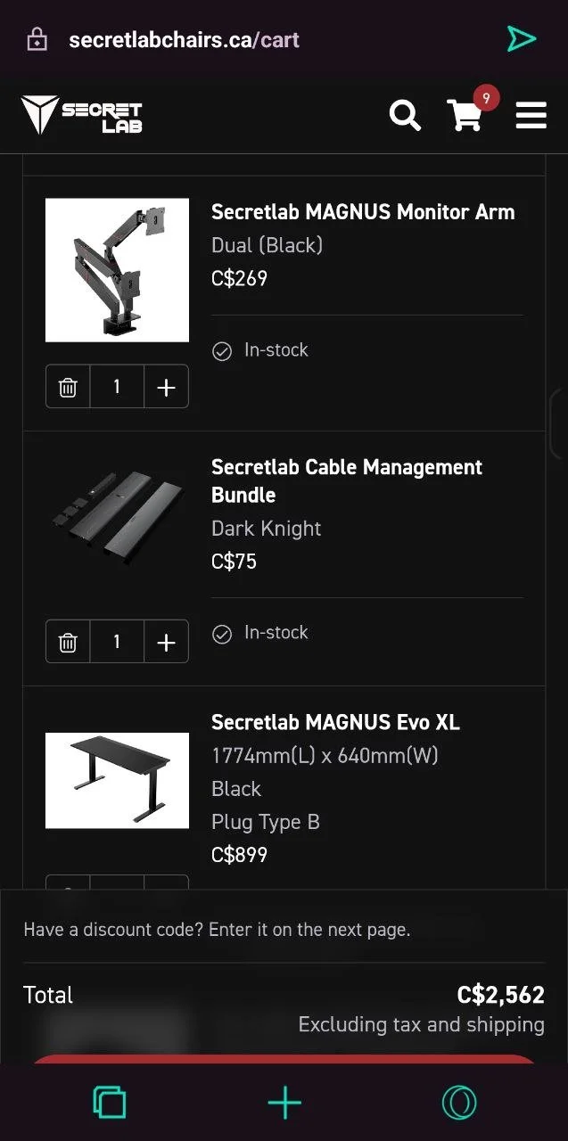 Screenshot of an online shopping cart from secretlabchairs.ca, displaying three items: a Secretlab MAGNUS Monitor Arm, a Secretlab Cable Management Bundle, and a Secretlab MAGNUS Evo XL desk with details and prices for each item.