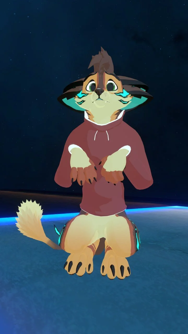 Digital illustration of a cartoon anthropomorphic feline character with large green eyes, wearing a red hoodie, and sitting against a space backdrop with Earth in the background.