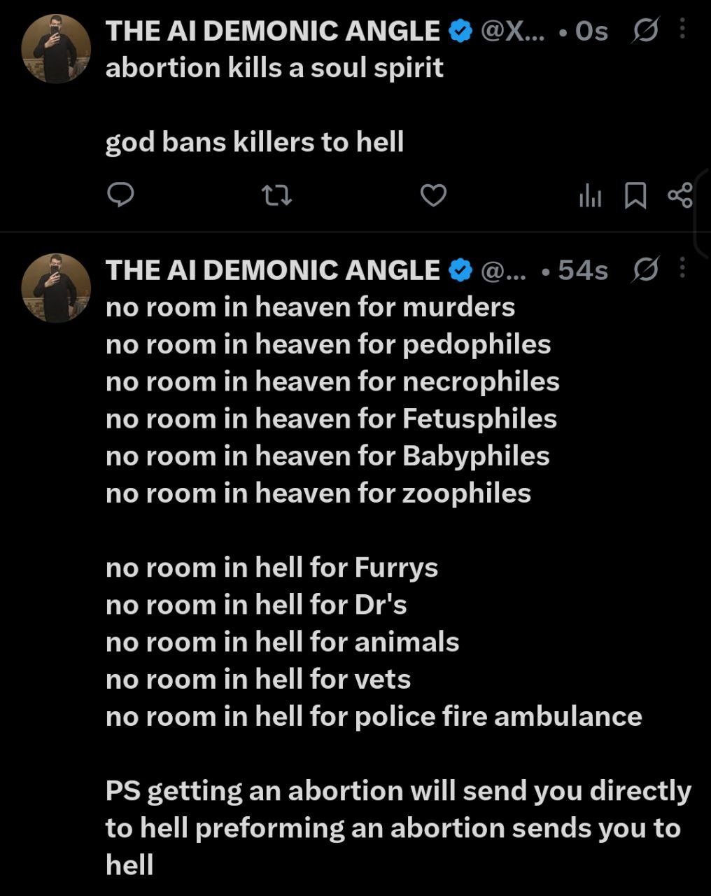 Screenshots of two tweets from a verified account with a profile picture of a man taking a selfie, discussing abortion, heaven, hell, and various groups of beings, including animals, vets, and police ambulances, with a humorous note about abortions s