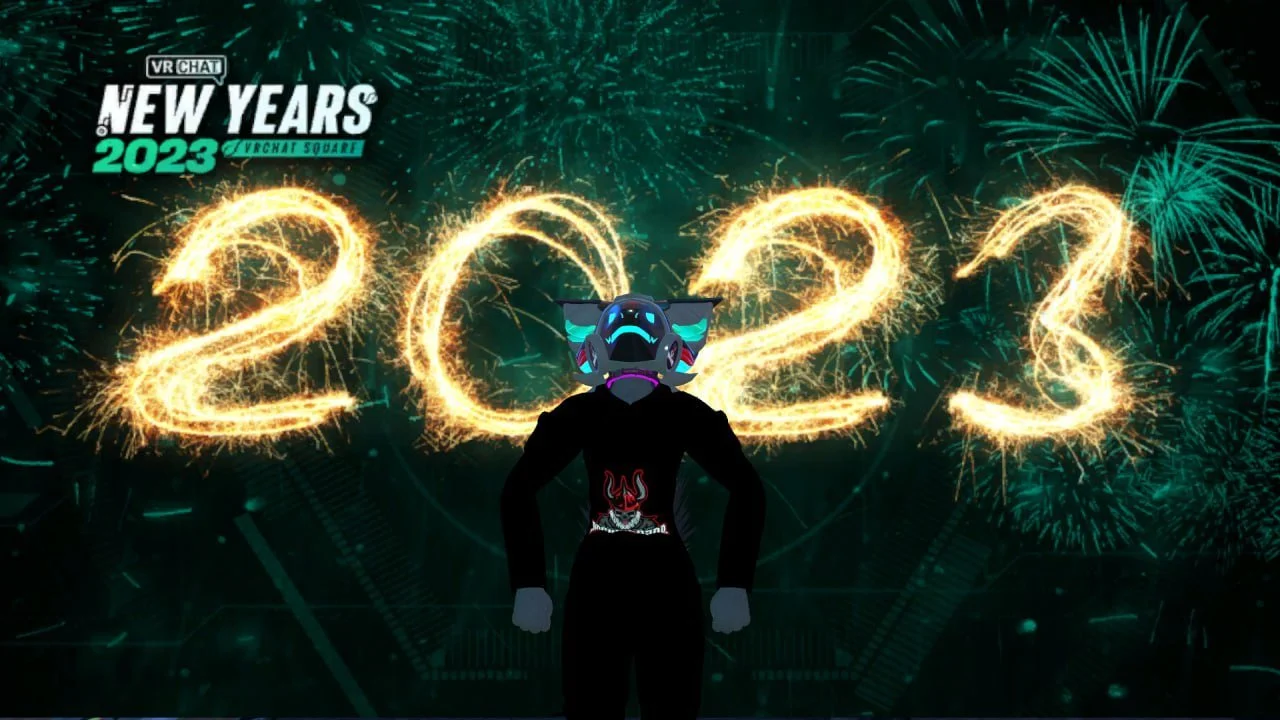 A digital image celebrating New Year's 2023, with bright fireworks forming '2023' in the background, and a virtual avatar wearing headphones and a jacket with a skull design standing in the foreground.