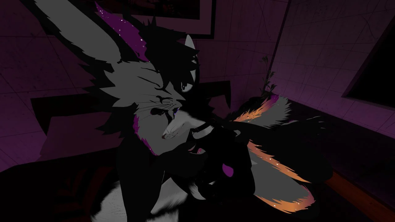 Digital illustration of an anthropomorphic wolf character with black, gray, and orange fur, wearing a collar, in a dark room with purple walls and minimal lighting.