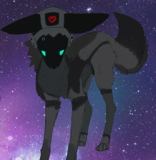 A stylized illustration of a black dog with glowing teal eyes, wearing a futuristic device with a heart symbol on its head, floating in a starry purple and blue galaxy background.
