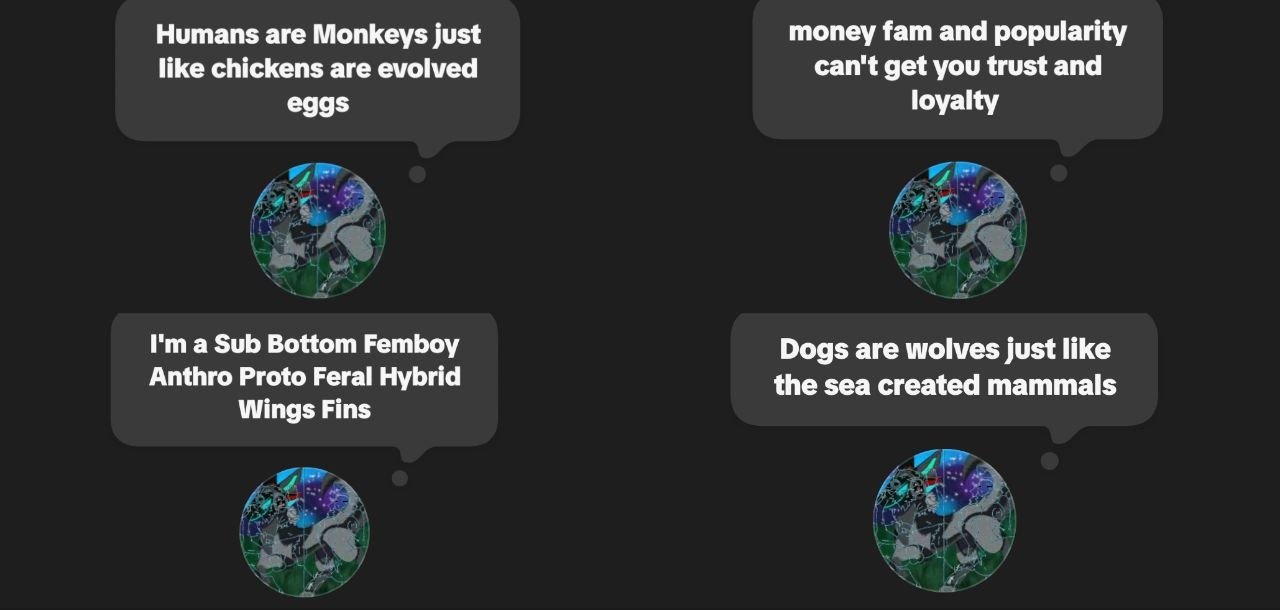 Four speech bubbles with text on a dark background, each pointing to a globe icon with abstract designs.