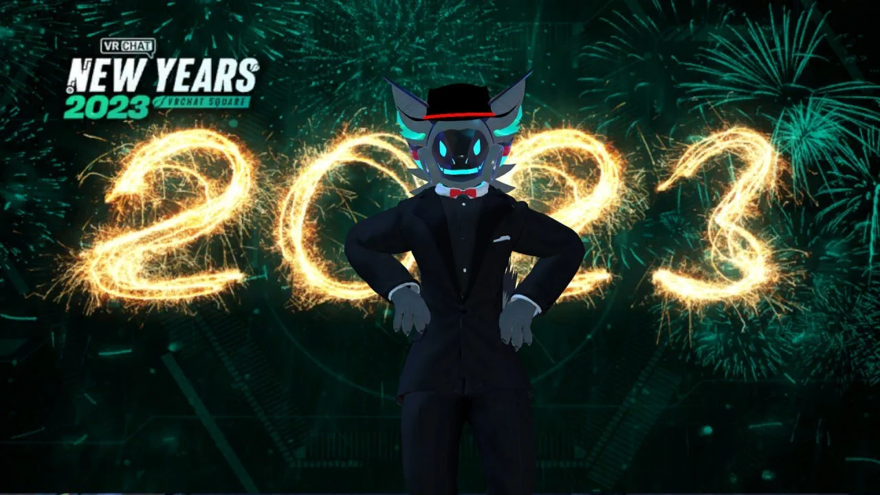 A virtual New Year's celebration for 2023 with a cartoon wolf character in a tuxedo, standing in front of a background of fireworks and a large glowing "2023".