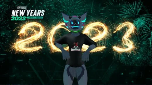 A cartoon character with a blue, robotic-like head and fox ears, standing with hands on hips in front of a New Year's 2023 fireworks display.