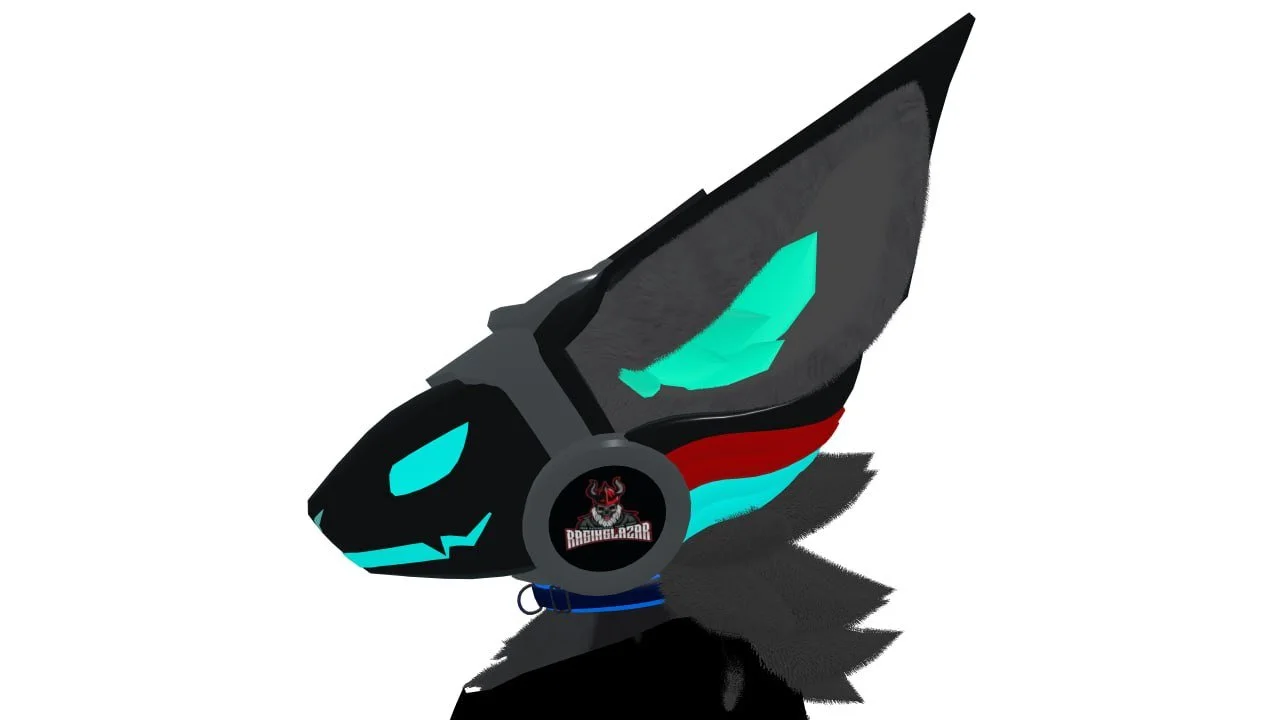 Digital illustration of a stylized wolf character with glowing cyan and red accents, wearing futuristic headphones with a logo reading 'ROGHLIZAR' on the earcup.