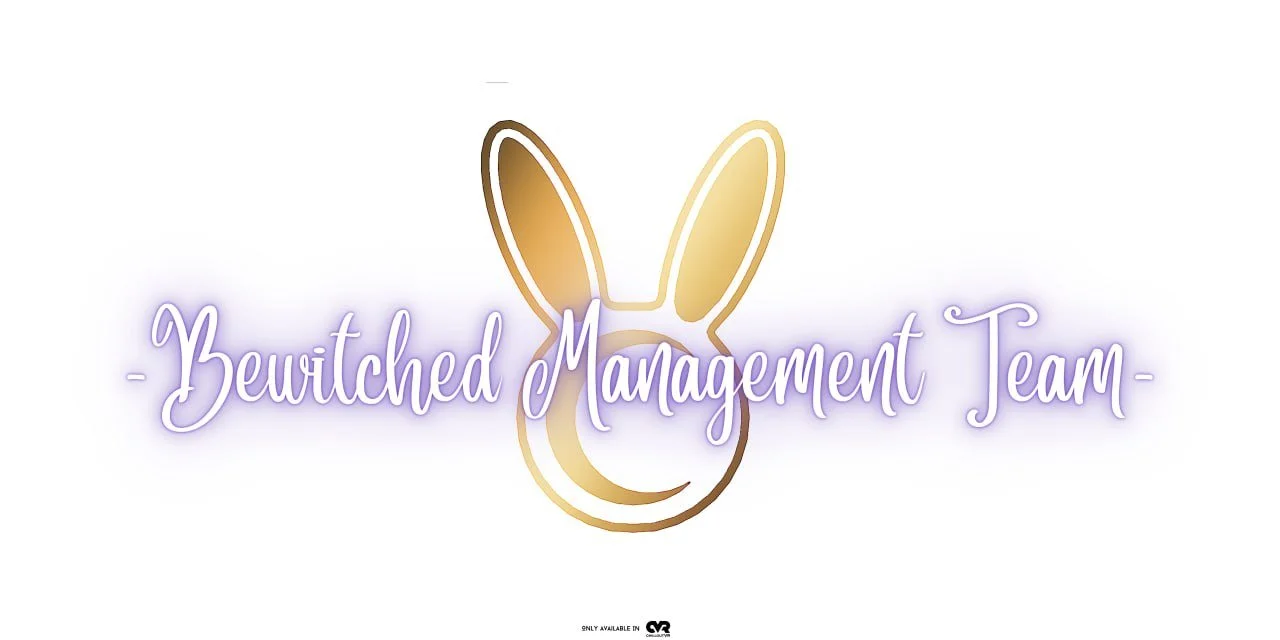 Logo for Bewitched Management Team featuring a gold and purple bunny face outline and cursive purple text.
