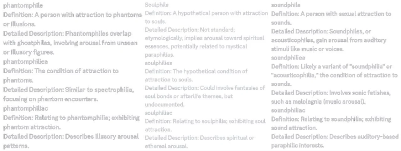 Text explaining definitions of terms related to phantom phenomena, including phantophilia, soullphilia, and soundphilia, with detailed descriptions of each.