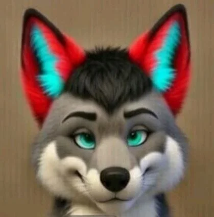 Cartoon wolf character with gray and white fur, blue eyes, and bright red and blue ears.