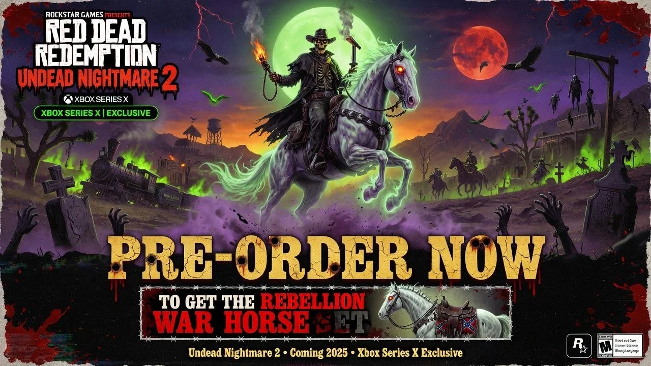 A promotional poster for the video game 'Red Dead Redemption 2: Undead Nightmare 2,' featuring a skeleton cowboy riding a glowing green horse through a haunted graveyard at night, with zombies and bats. The poster announces pre-orders for the game se