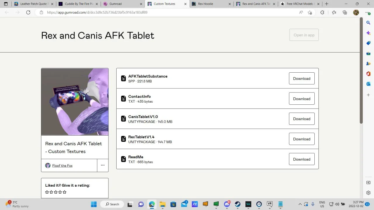 Digital screenshot of a webpage titled 'Rex and Canis AFK Tablet' showing custom textures files for a virtual or gaming environment, including images of a purple creature holding a tablet and download buttons for different files.