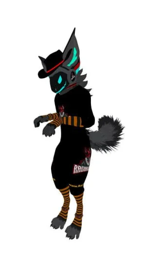 A black anthropomorphic unicorn with neon blue hair, red eyes, and striped socks, wearing a hoodie and accessories.