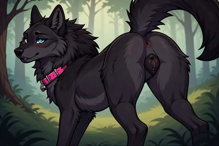 Drawing of a black wolf with blue eyes in a forest, wearing a pink collar, with a part of its body turned to the side and the back facing the viewer.