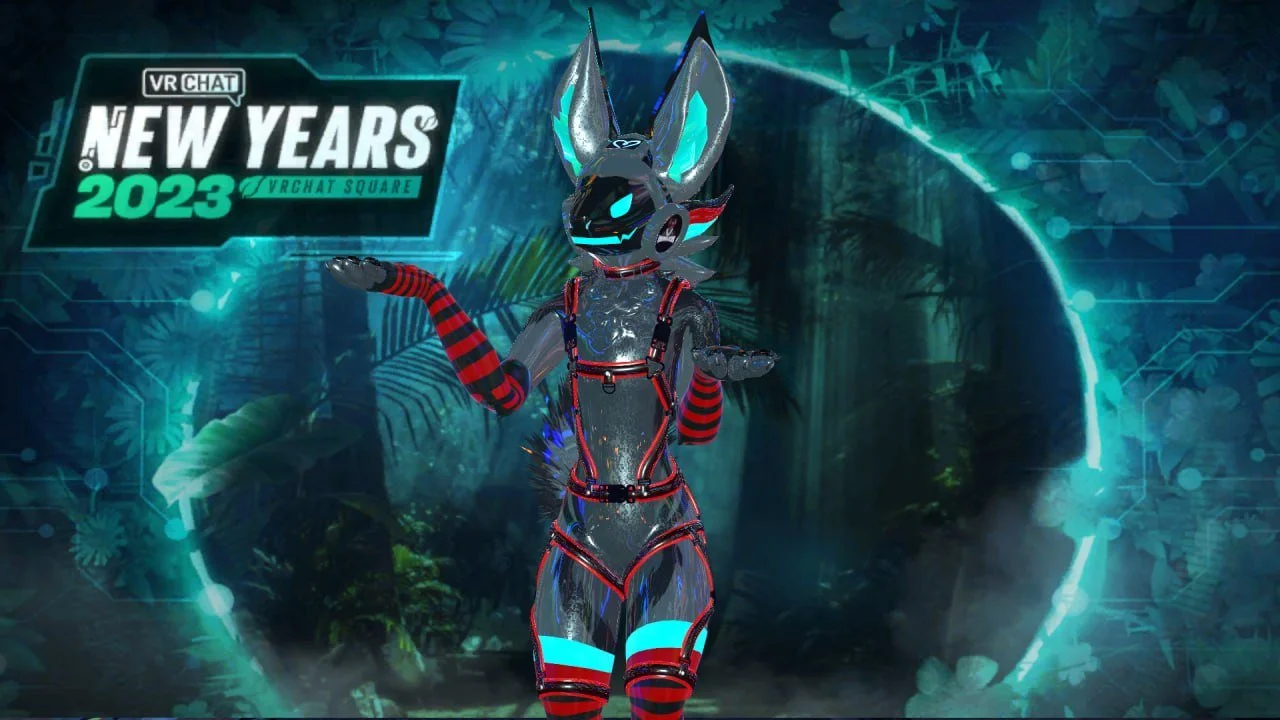 Digital illustration of a futuristic anthropomorphic fox character with a sleek metallic body and glowing blue eyes, dressed in red and black striped clothing, standing in front of a neon-lit jungle background with the text 'VR CHAT NEW YEARS 2023 VR