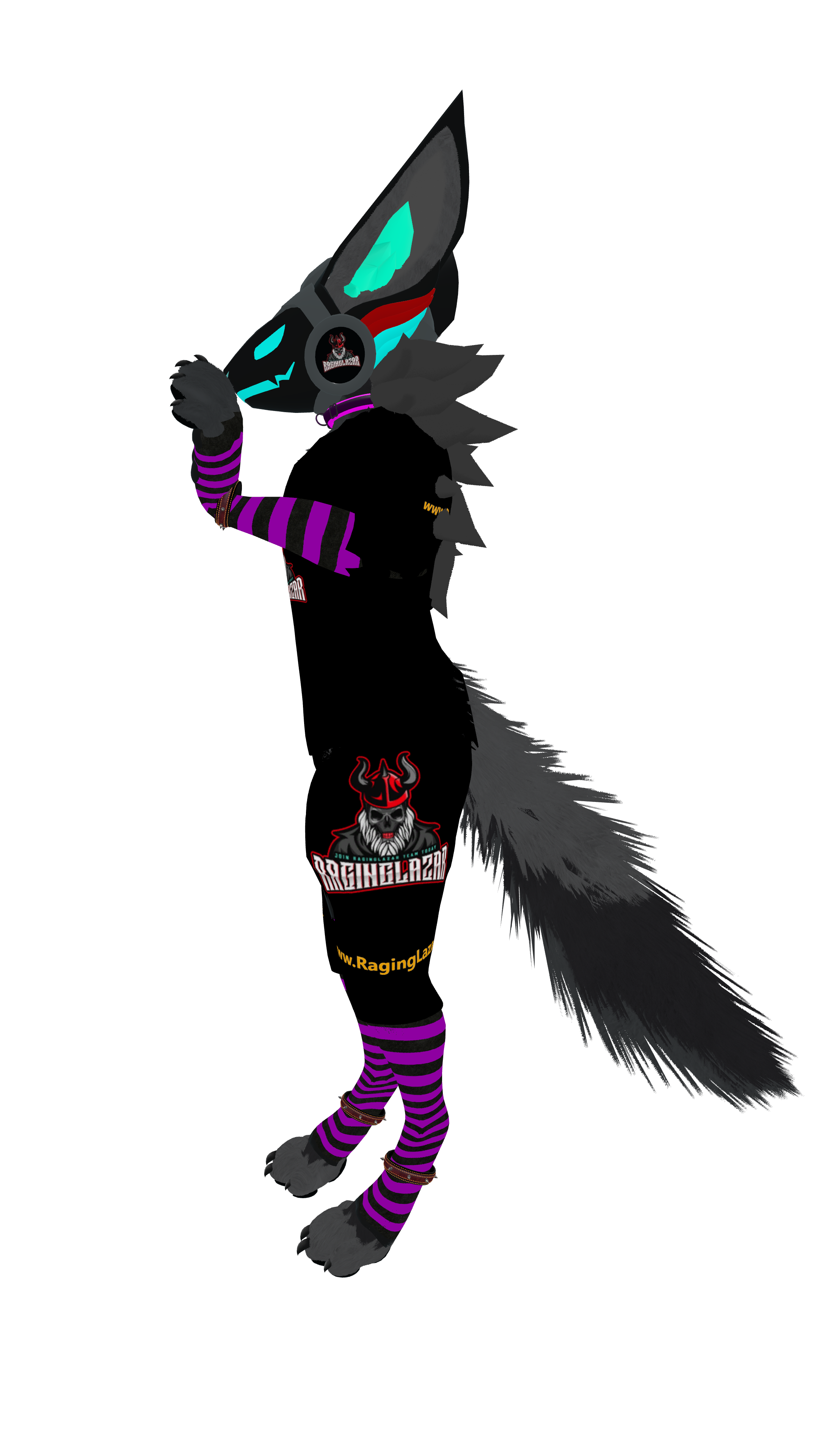 A cartoon-style anthropomorphic wolf character wearing a headset, purple striped socks, a black jacket with patches, and standing next to a desk lamp with a logo that says 'RagingLazor'.