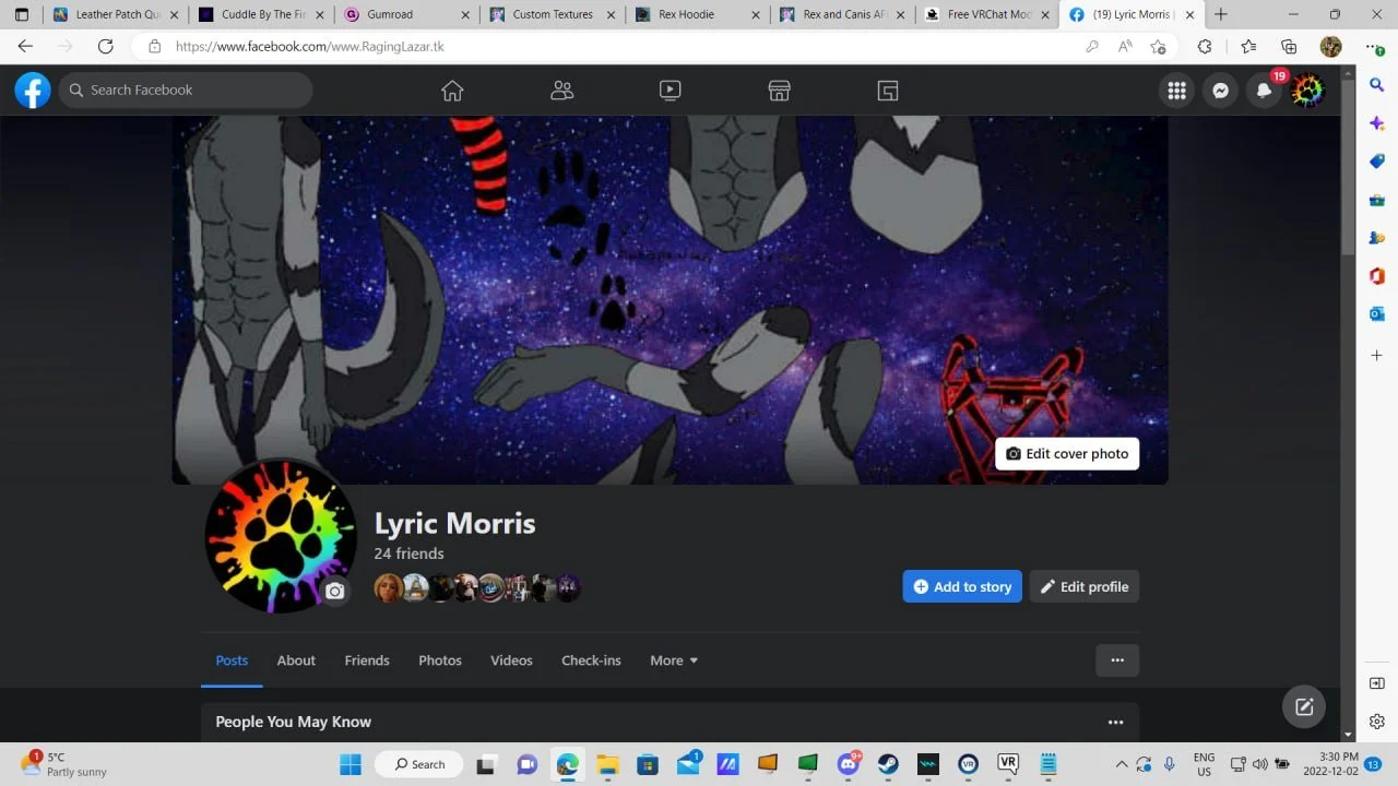 Facebook profile page for Lyric Morris featuring an illustrated background of a galaxy with anthropomorphic animal characters, including a wolf and a fox, in space-themed settings.