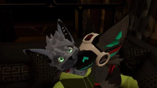 A digital drawing of a gray cat with green eyes wearing a hoodie, with a futuristic robot head nearby in a dark setting.