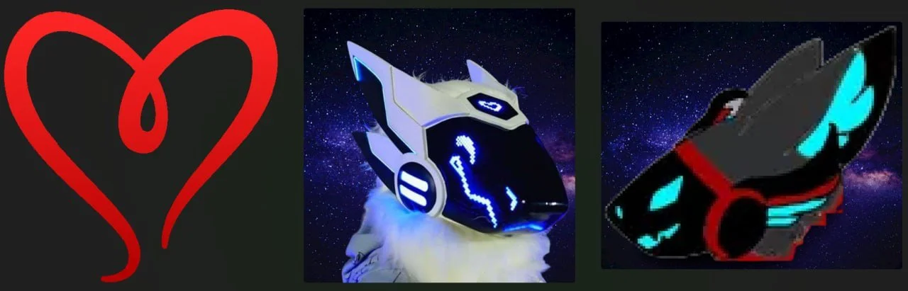 Three digital artwork images: the first is a red heart-shaped symbol against a black background, the second is a stylized digital wolf head with glowing blue accents and pointed ears, set against a starry background, and the third is a digital illust