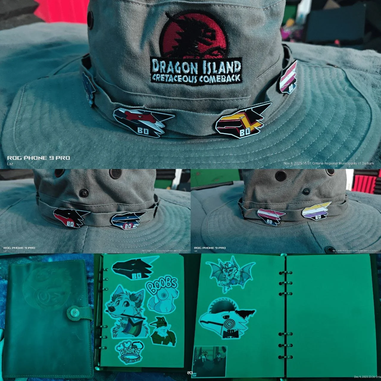 A beige cap with patches and pins, including a patch that reads 'Dragon Island Cretaceous Comeback' with a dinosaur logo, and several pins featuring dinosaur head designs. Below, a spiral-bound notebook with dinosaur-themed stickers, including a blac