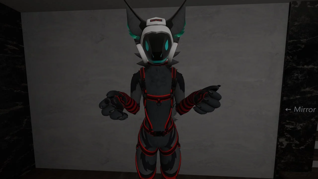 A 3D digital character with a wolf-like appearance, black and white body, glowing teal eyes, wearing red and black armor, standing in front of a mirror.