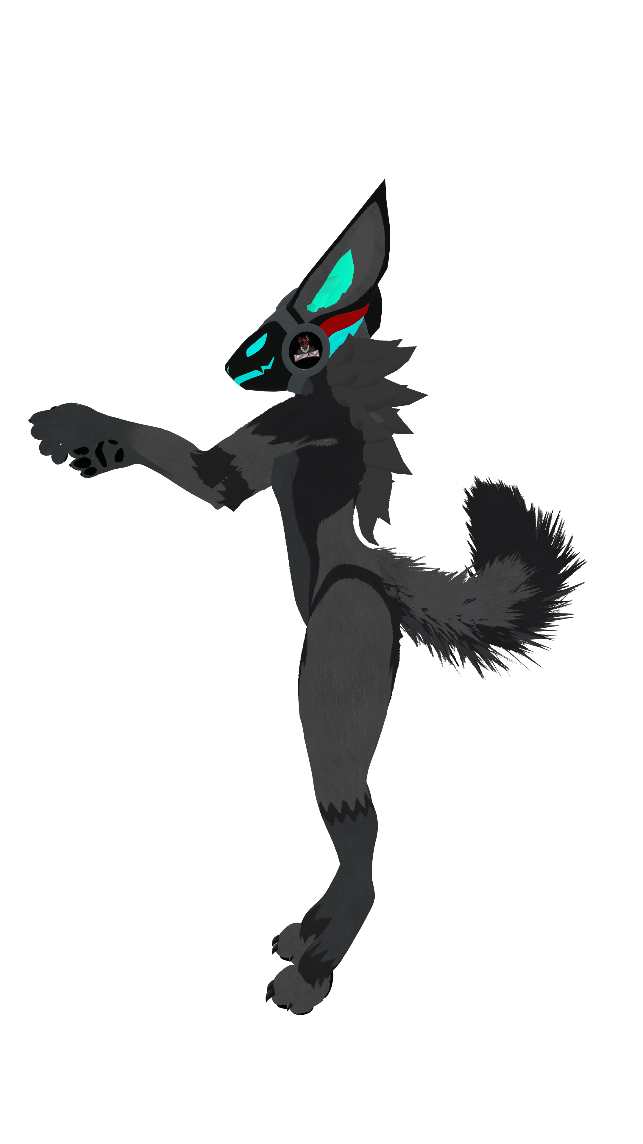 Digital illustration of a humanoid creature with the body of a wolf and a robotic head with glowing teal eyes, red accents, and a logo on the side, in a dynamic pose against a black background.