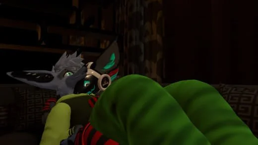 Two anthropomorphic characters, a wolf and a fox, lying on a bed and hugging each other in a cozy room.