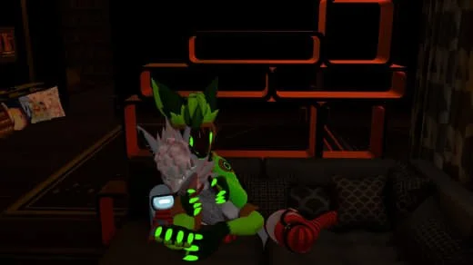 An animated character with green and gray hair, wearing a green outfit, sitting on a sofa in a dimly lit room, using a smartphone, with shelves illuminated in red in the background.