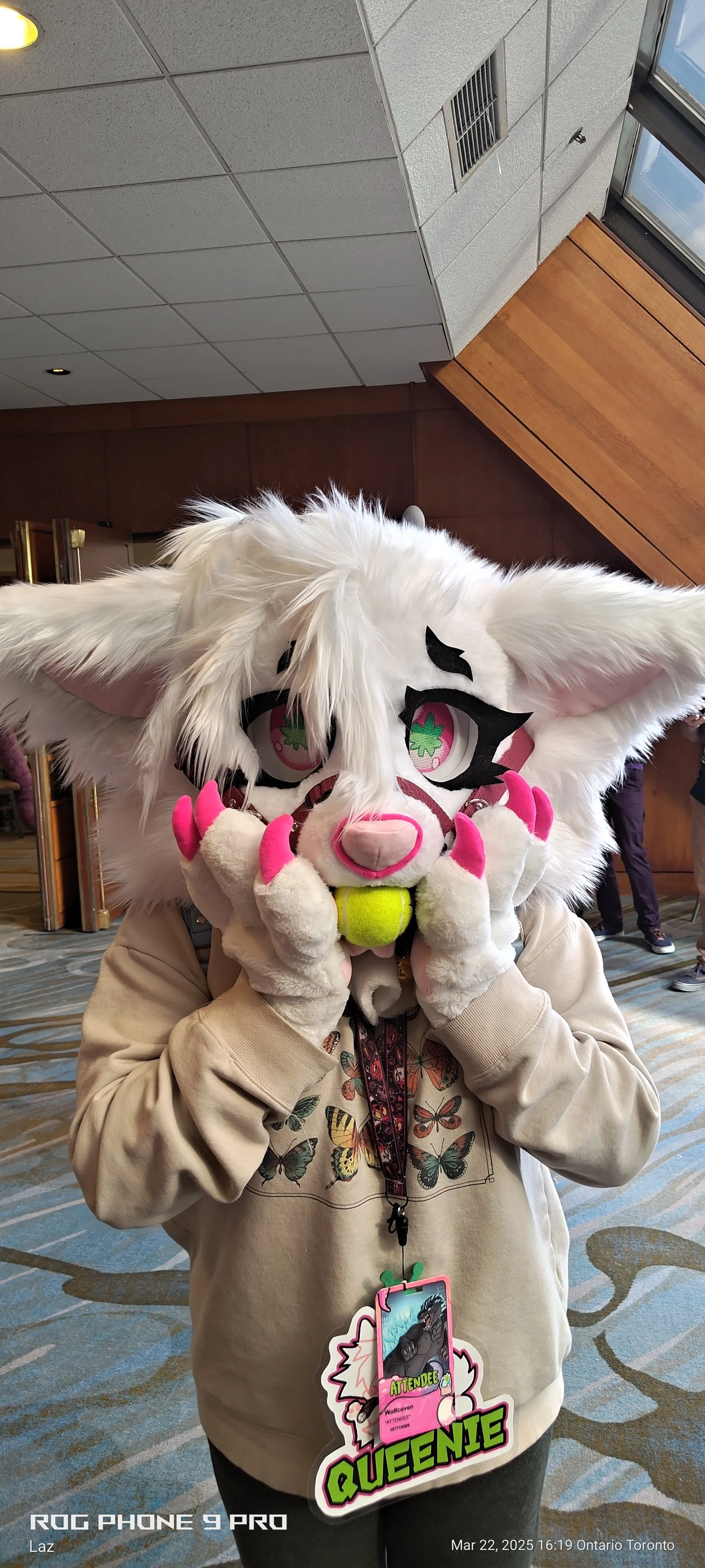 Person wearing a large white feline character costume with pink and black features, holding a tennis ball, indoors, at a convention or event, with a badge that reads "QUEENIE" hanging from their neck.