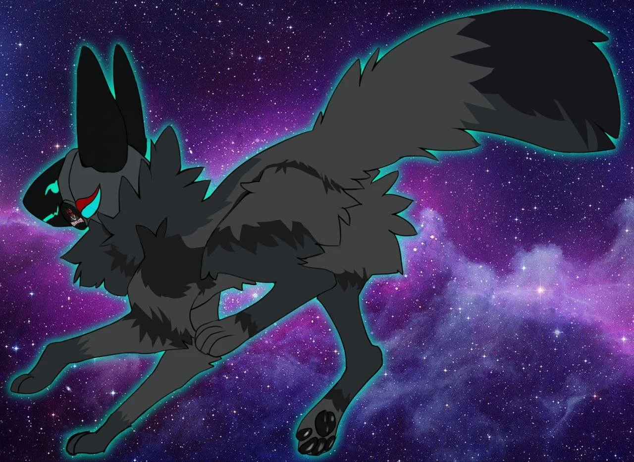 A dark gray, wolf-like digital illustration with glowing blue eyes and markings, and a red and blue tear on its face, against a colorful galaxy background.