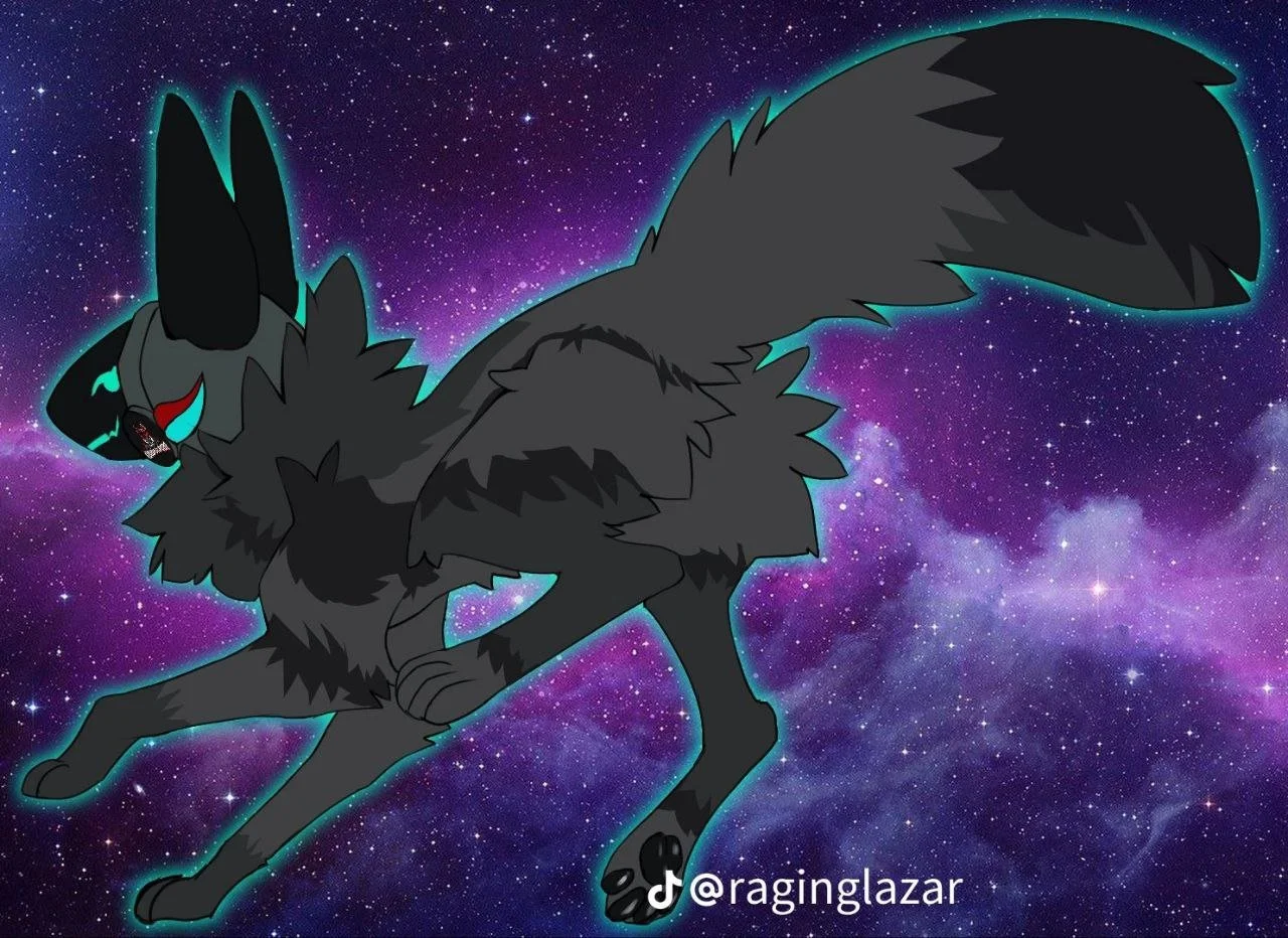 A digital drawing of a black wolf with glowing cyan eyes and a red mark near the nose, running in space with a starry galaxy background.